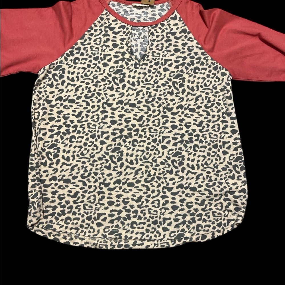 Leopard Print Women’s Top with Red and Teal Accent Long Sleeves - Picture 5 of 5